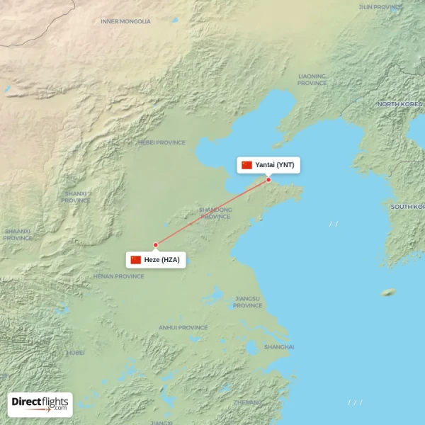 Yantai - Heze direct flight map