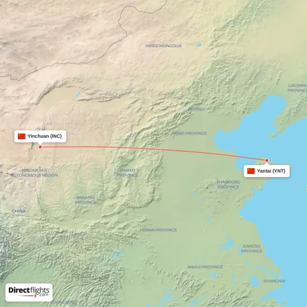 Yantai - Yinchuan direct flight map