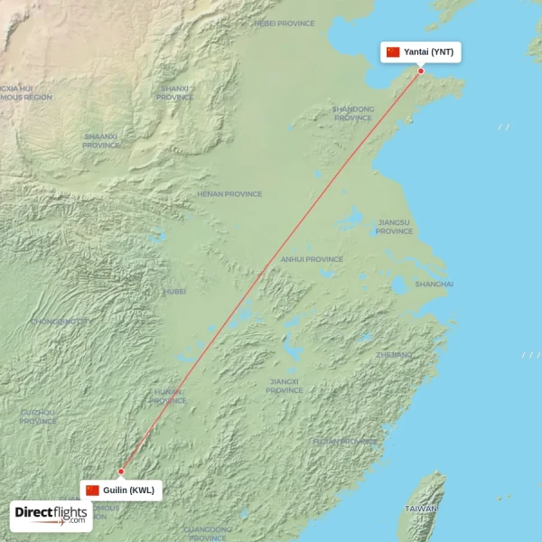 Yantai - Guilin direct flight map