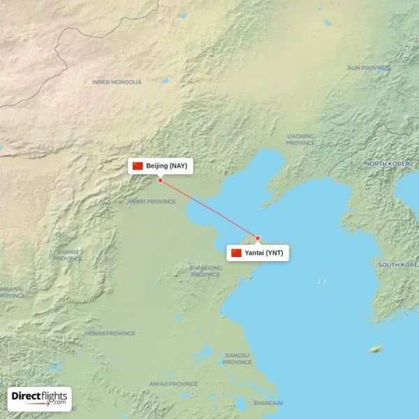 Yantai - Beijing direct flight map