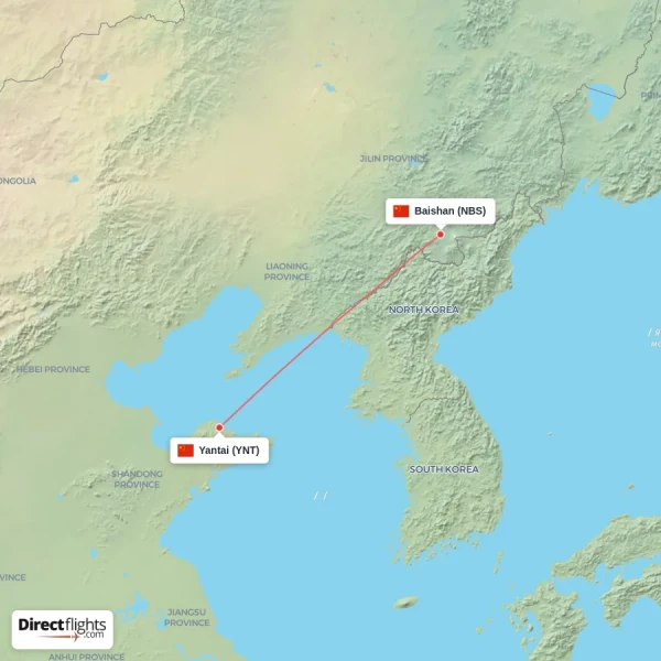 Yantai - Baishan direct flight map