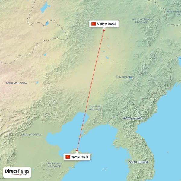 Yantai - Qiqihar direct flight map
