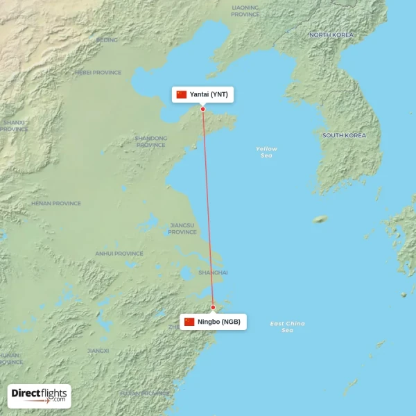 Yantai - Ningbo direct flight map