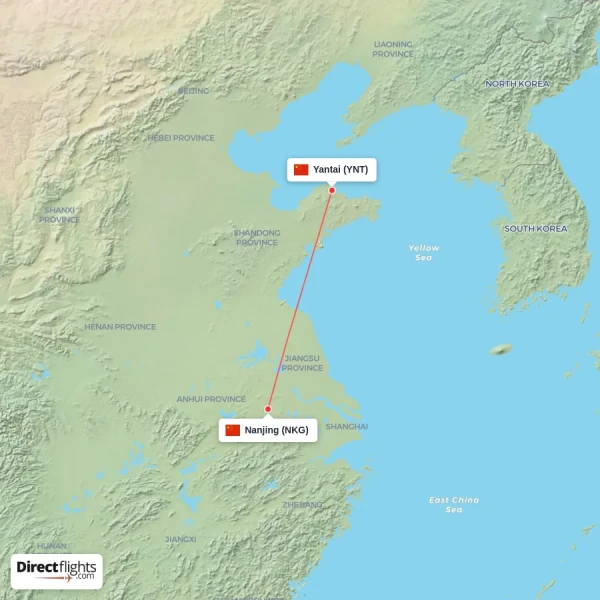 Yantai - Nanjing direct flight map