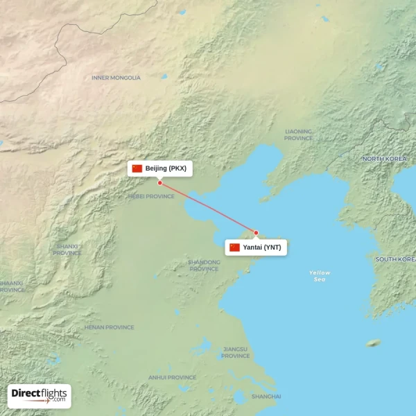 Yantai - Beijing direct flight map