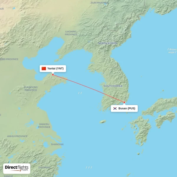 Yantai - Busan direct flight map