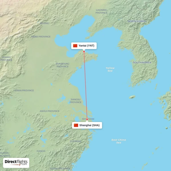 Yantai - Shanghai direct flight map