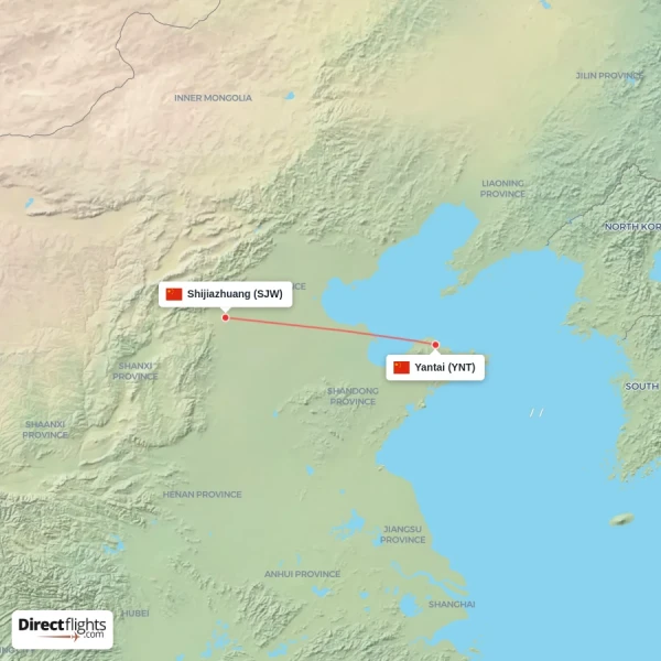 Yantai - Shijiazhuang direct flight map