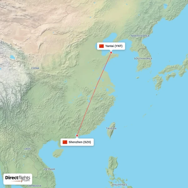 Yantai - Shenzhen direct flight map