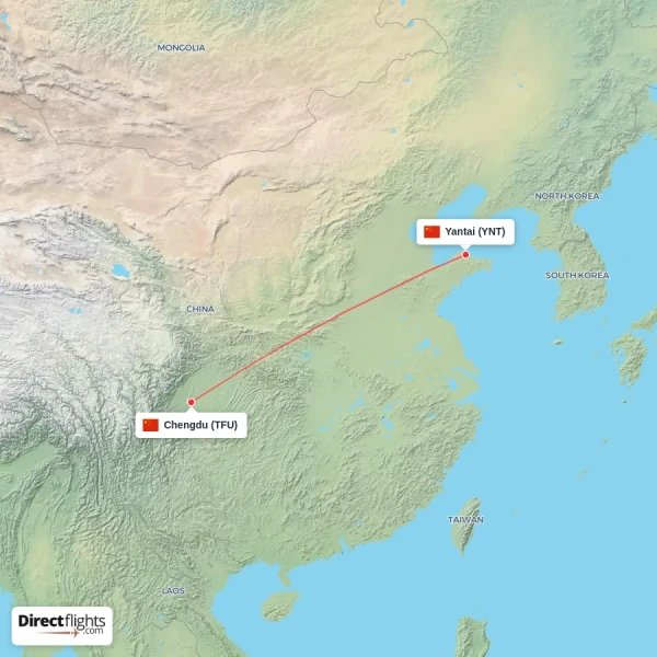 Yantai - Chengdu direct flight map