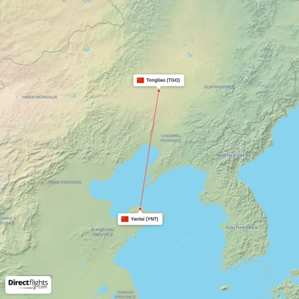 Yantai - Tongliao direct flight map
