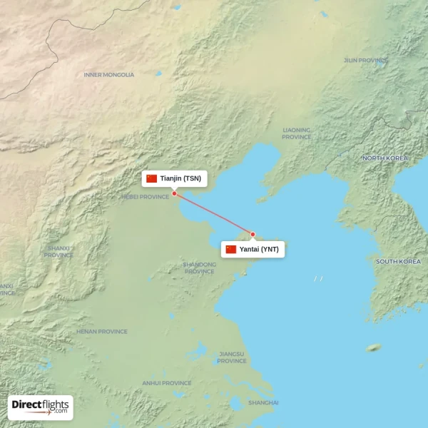 Yantai - Tianjin direct flight map