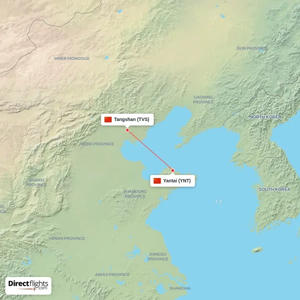 Yantai - Tangshan direct flight map