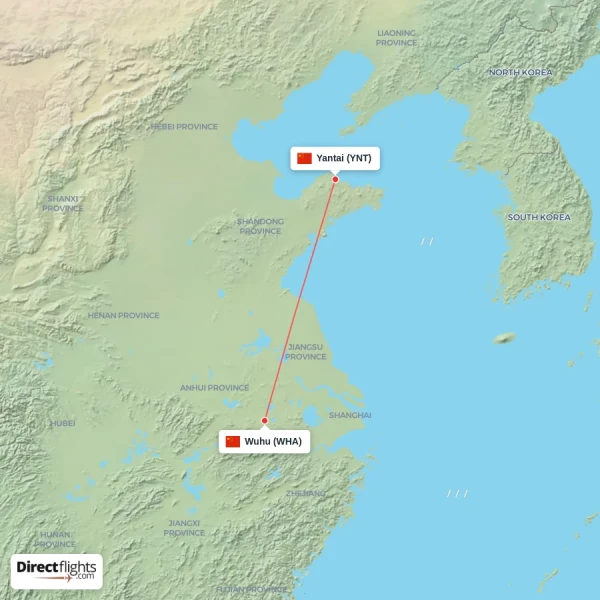 Yantai - Wuhu direct flight map