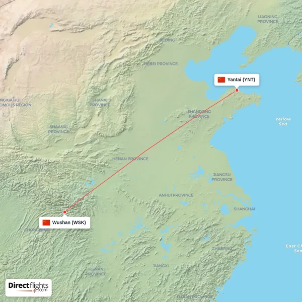 Yantai - Wushan direct flight map