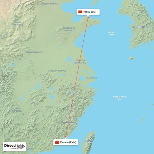 Yantai - Xiamen direct flight map
