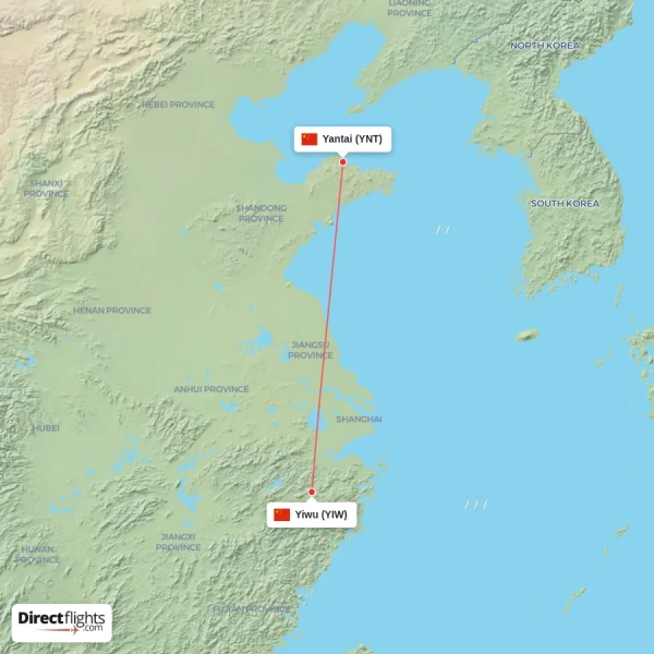 Yantai - Yiwu direct flight map