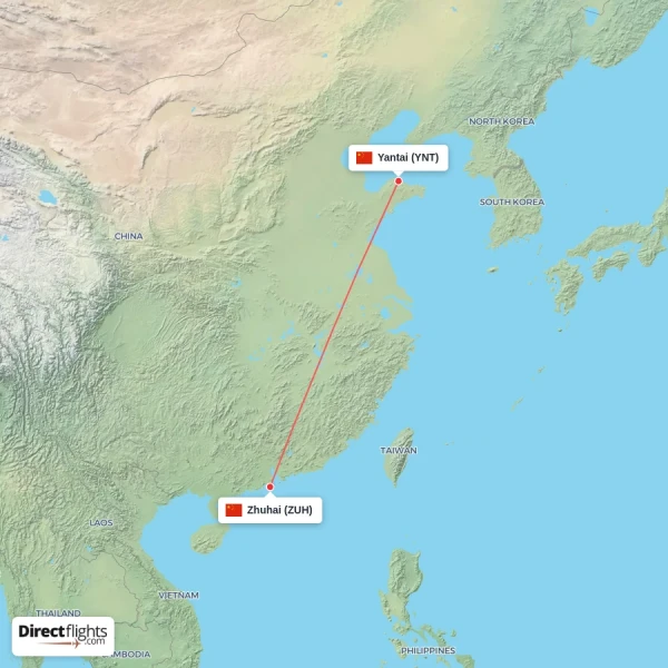 Yantai - Zhuhai direct flight map