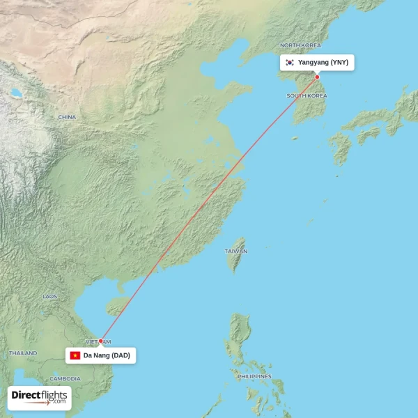 Yangyang - Da Nang direct flight map