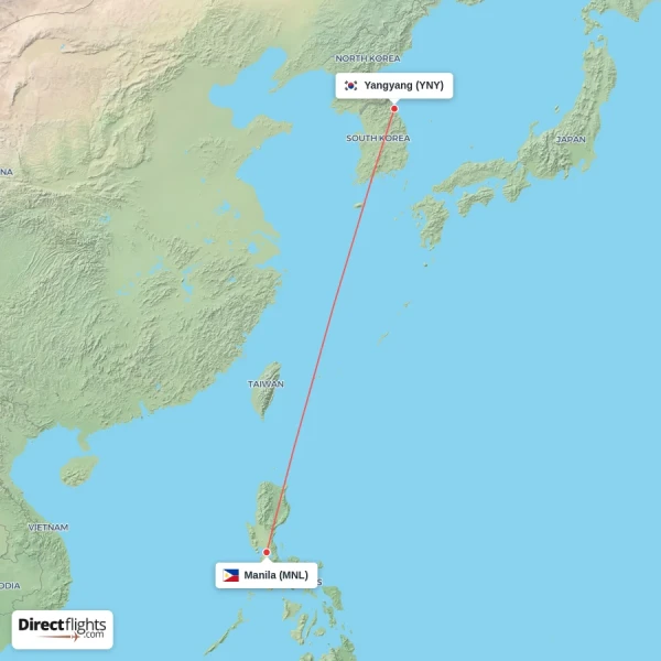 Yangyang - Manila direct flight map
