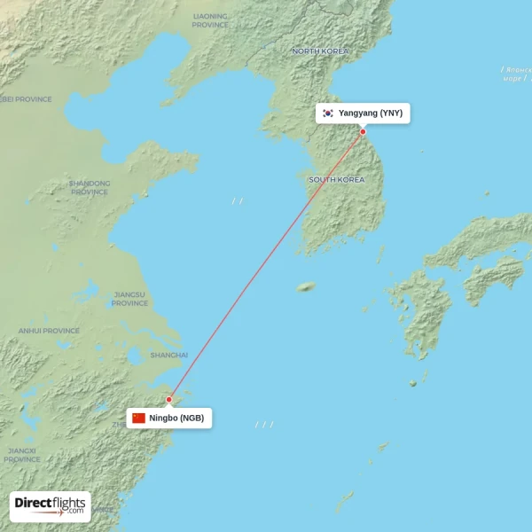 Yangyang - Ningbo direct flight map