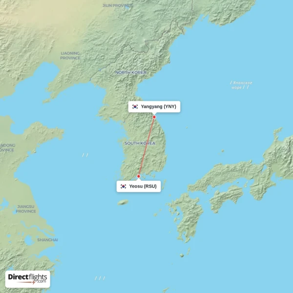 Yangyang - Yeosu direct flight map