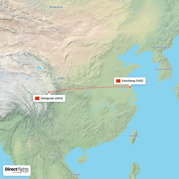 Yancheng - Hongyuan direct flight map