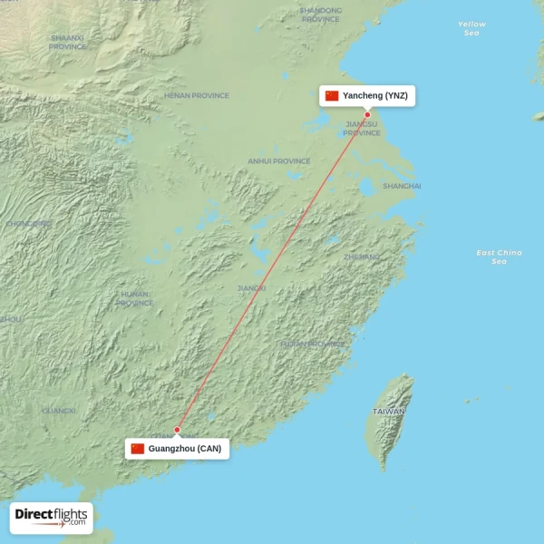 Yancheng - Guangzhou direct flight map