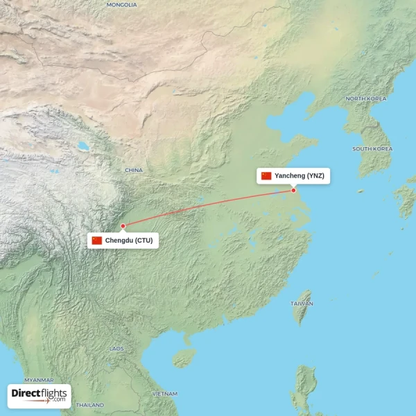 Yancheng - Chengdu direct flight map