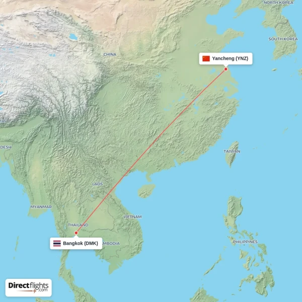 Yancheng - Bangkok direct flight map
