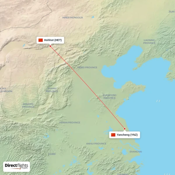 Yancheng - Hohhot direct flight map