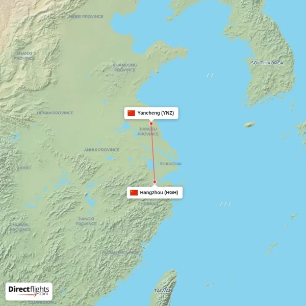 Yancheng - Hangzhou direct flight map