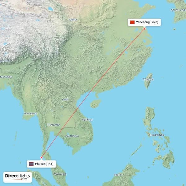 Yancheng - Phuket direct flight map