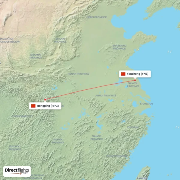 Yancheng - Hongping direct flight map
