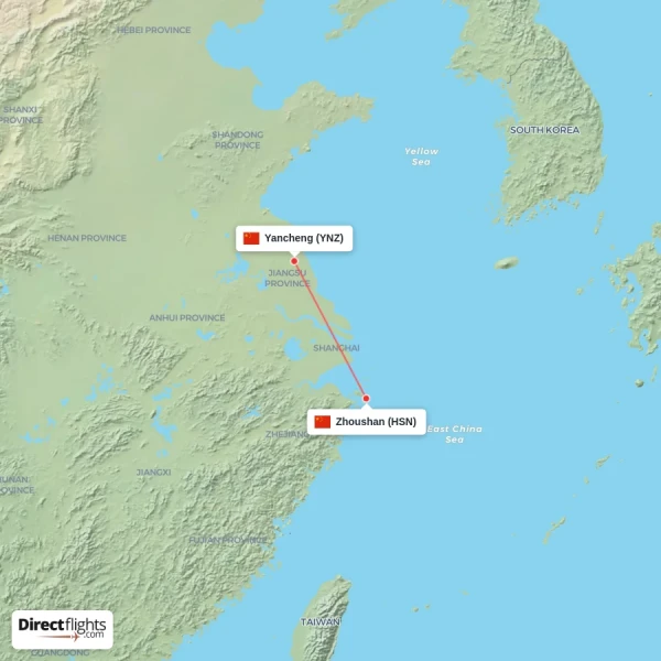 Yancheng - Zhoushan direct flight map