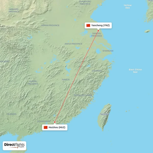 Yancheng - Huizhou direct flight map