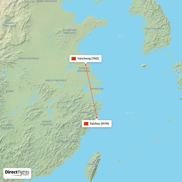 Yancheng - Taizhou direct flight map