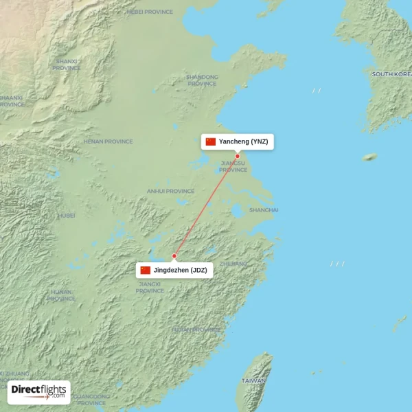 Yancheng - Jingdezhen direct flight map