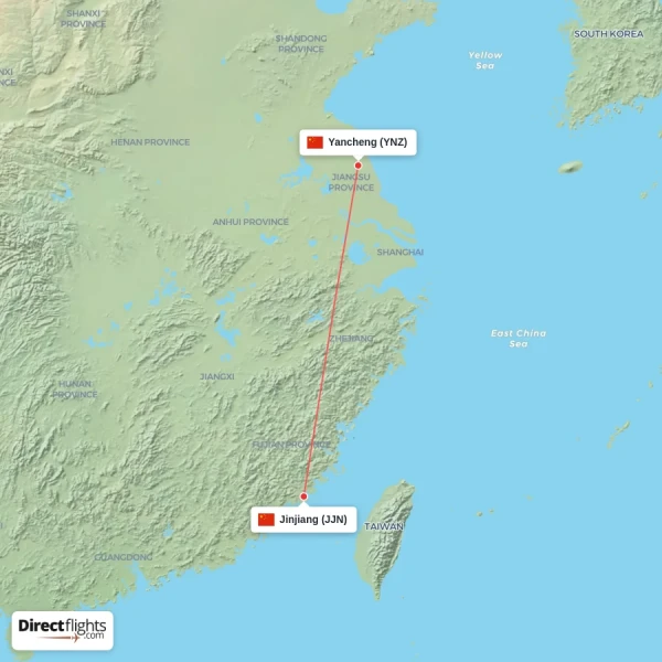 Yancheng - Jinjiang direct flight map
