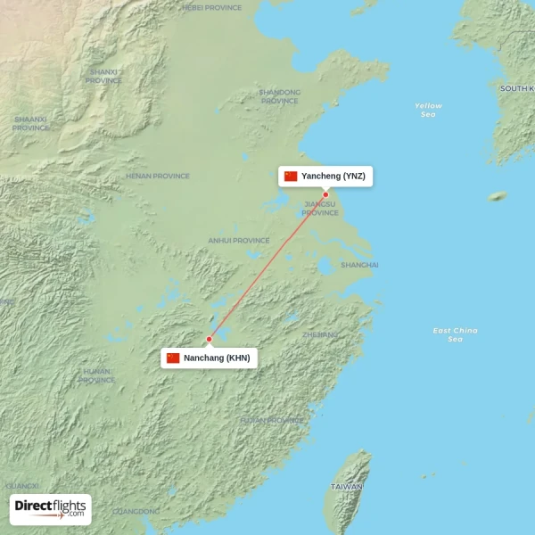 Yancheng - Nanchang direct flight map