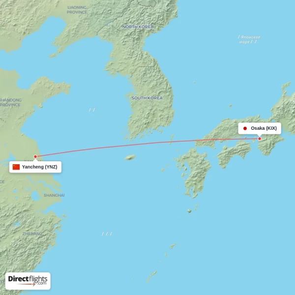 Yancheng - Osaka direct flight map