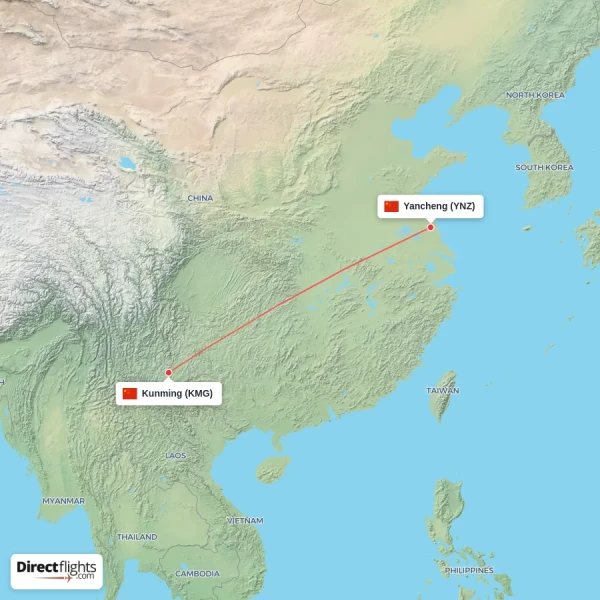 Yancheng - Kunming direct flight map