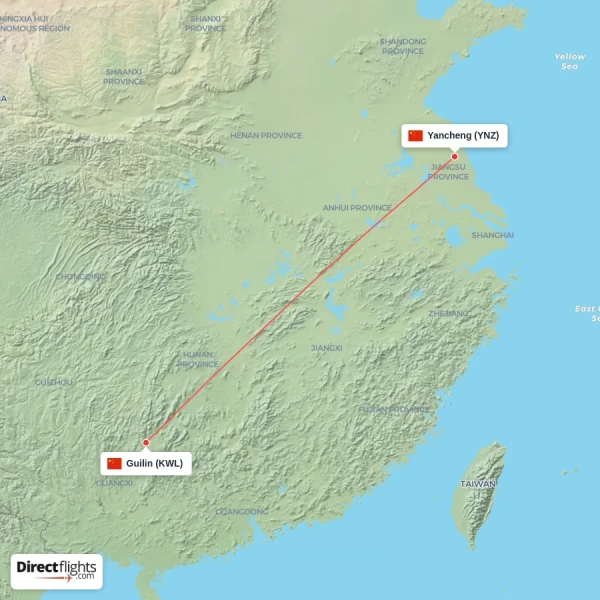 Yancheng - Guilin direct flight map