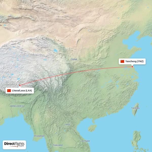 Yancheng - Lhasa/Lasa direct flight map