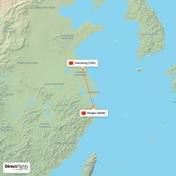 Yancheng - Ningbo direct flight map