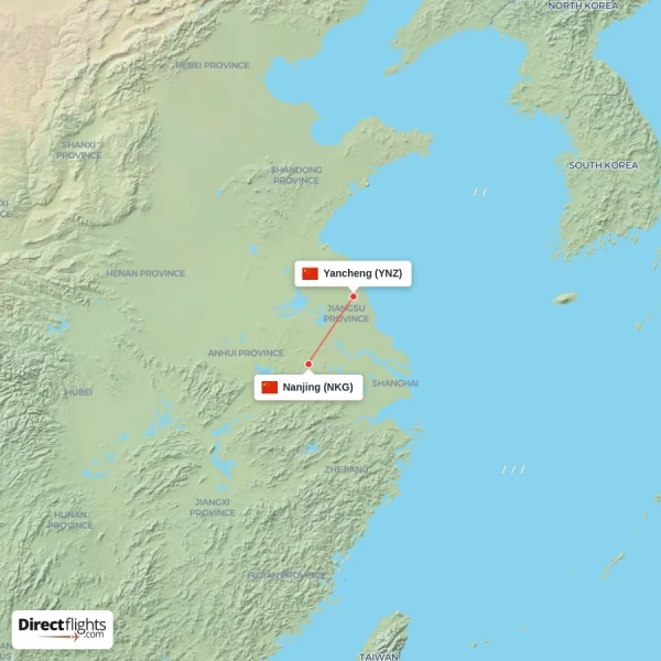 Yancheng - Nanjing direct flight map