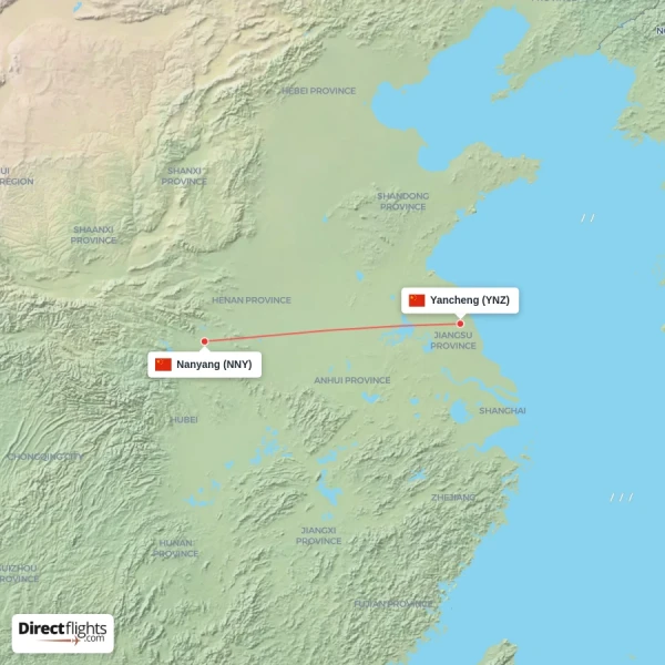 Yancheng - Nanyang direct flight map