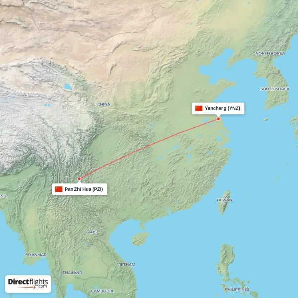 Yancheng - Pan Zhi Hua direct flight map