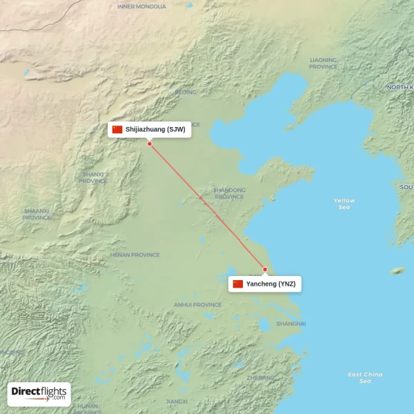 Yancheng - Shijiazhuang direct flight map
