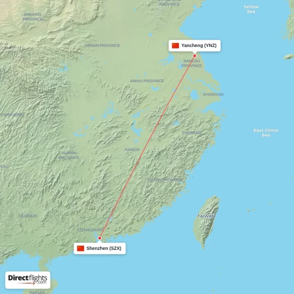 Yancheng - Shenzhen direct flight map